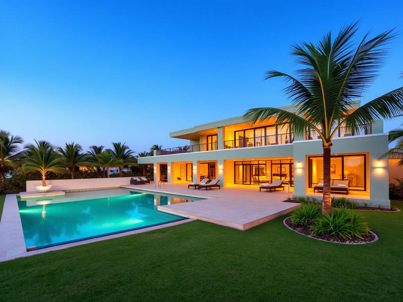 Villa tropical en Puerto Morelos con piscina y palmeras al atardecer